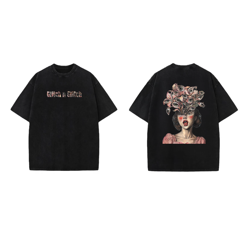 "Glitch n Stitch Surreal Eyebloom Oversized Tee"