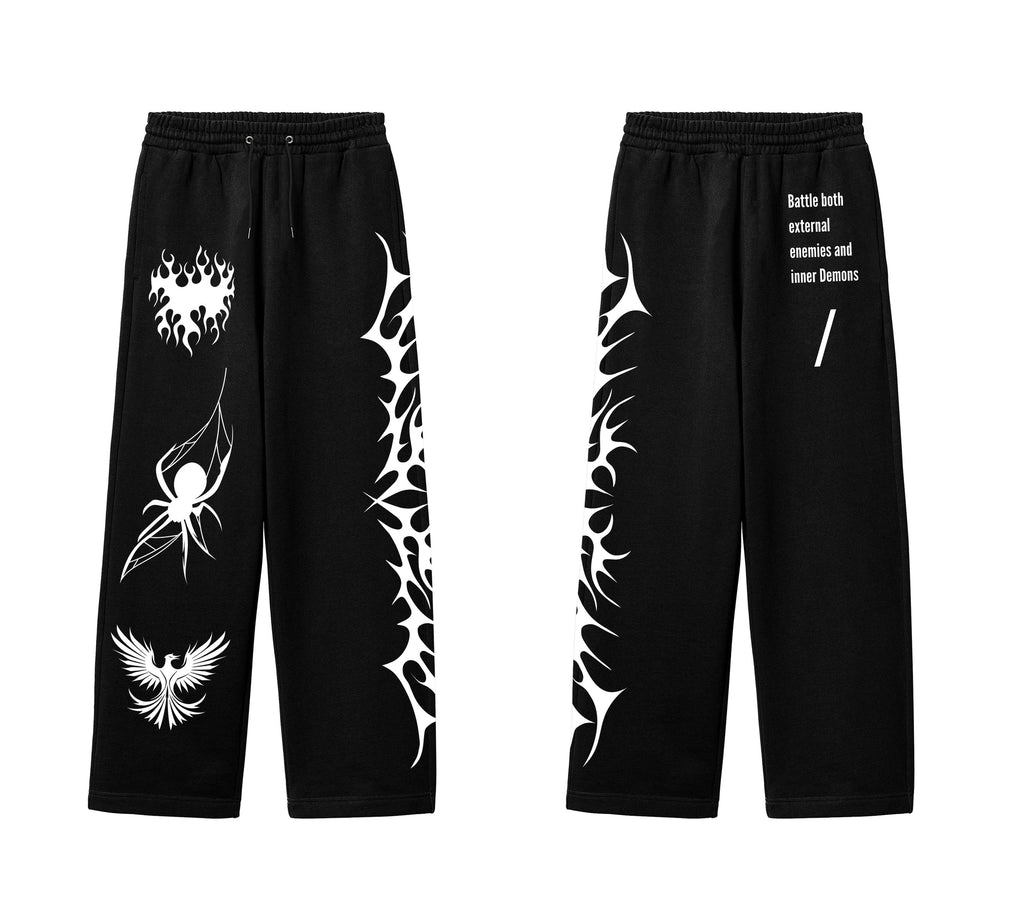 Black Gothic Graphic Sweatpants – Spider, Phoenix & Tribal Symbol Print