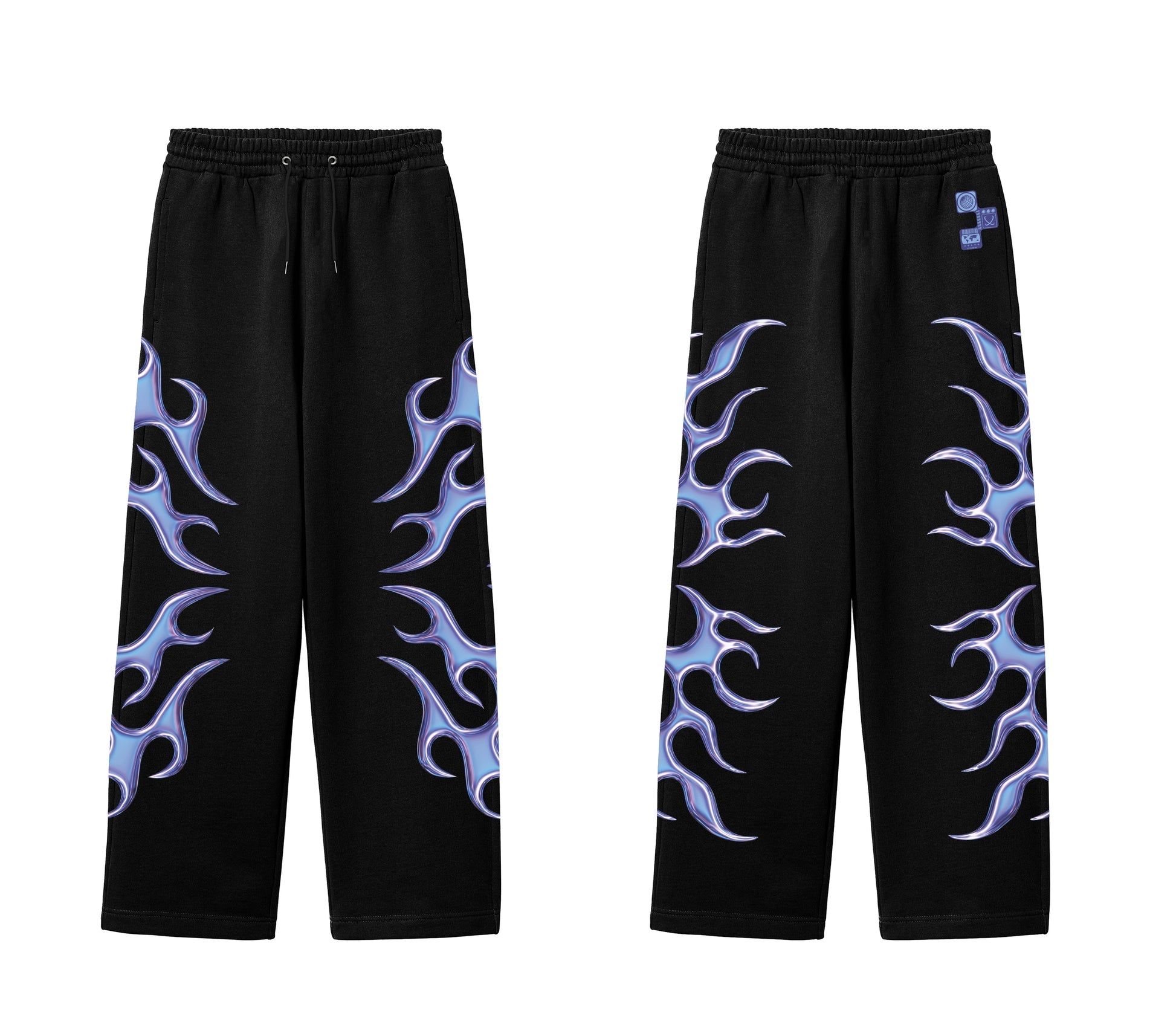 Holographic Flame Graphic Sweatpants – Black Unisex Streetwear Joggers.