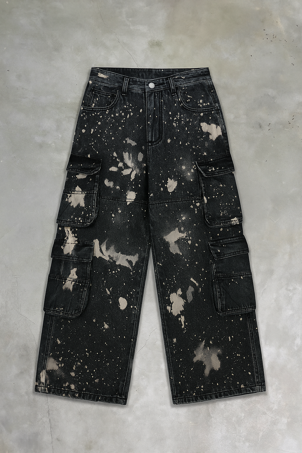 Black Splatter Cargo Jeans – Acid Wash Grunge Streetwear with Utility Pockets