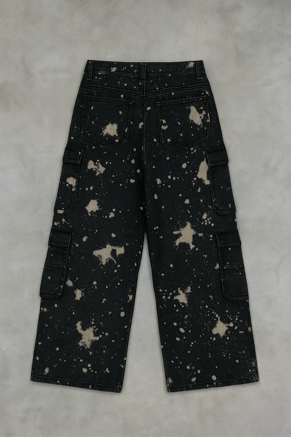Black Splatter Cargo Jeans – Acid Wash Grunge Streetwear with Utility Pockets