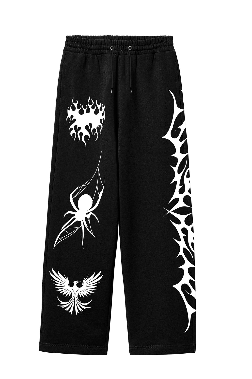 Black Gothic Graphic Sweatpants – Spider, Phoenix & Tribal Symbol Print