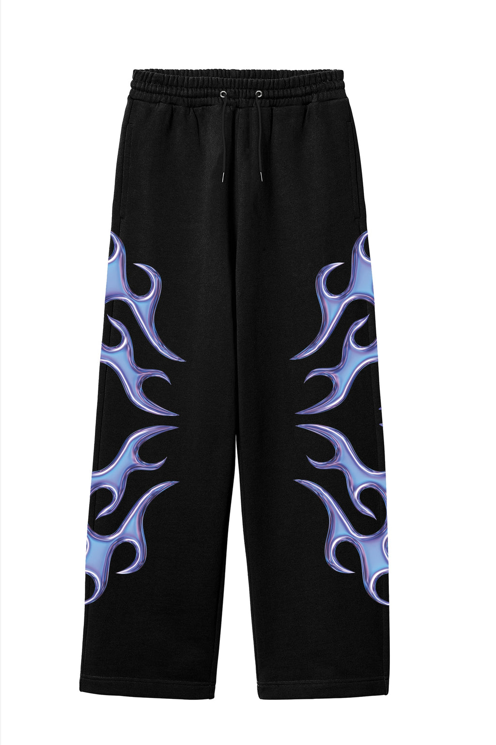 Holographic Flame Graphic Sweatpants – Black Unisex Streetwear Joggers.