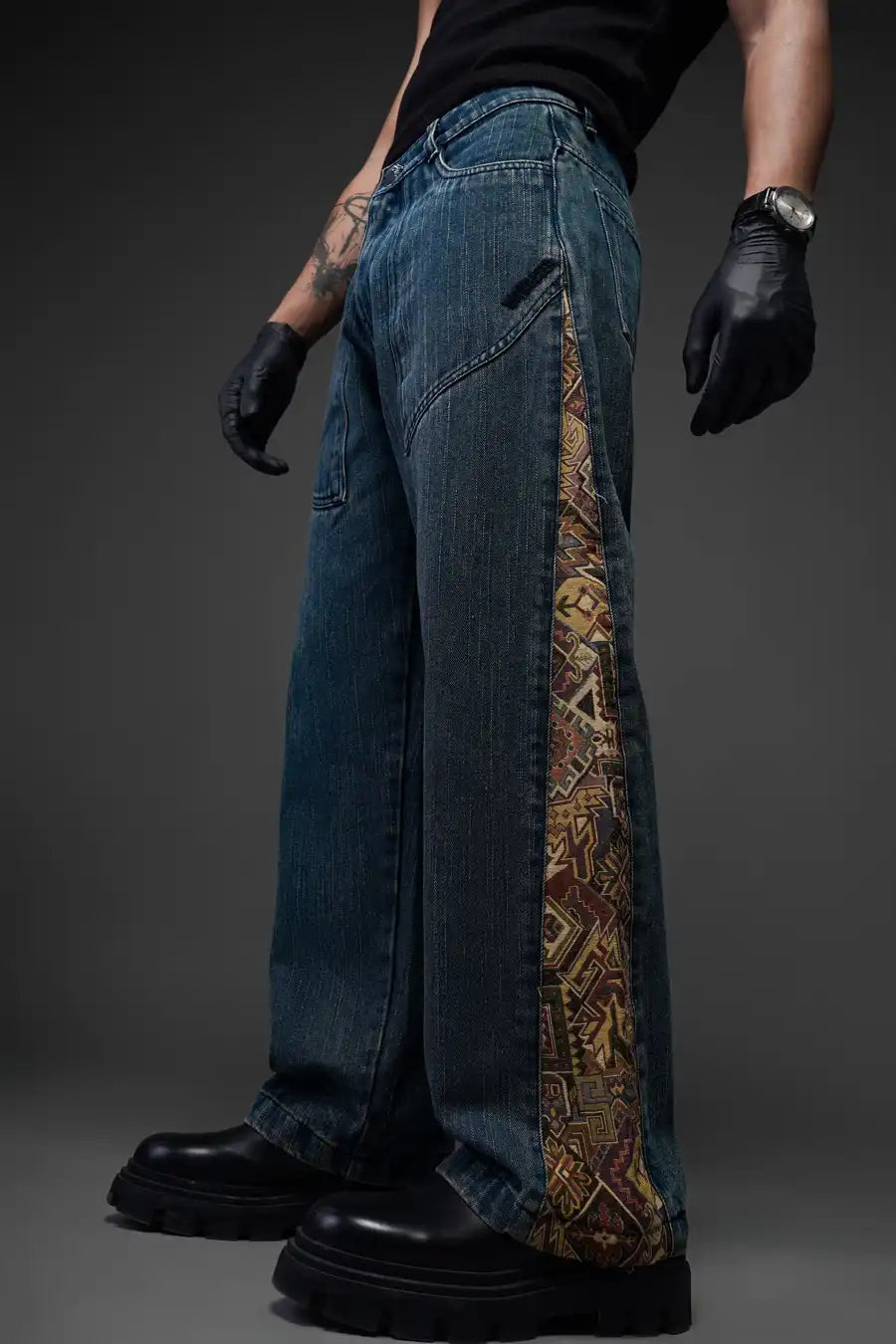 Tribal Panel Dark Wash Denim Jeans – Relaxed Fit Ethnic Streetwear for Men & Women