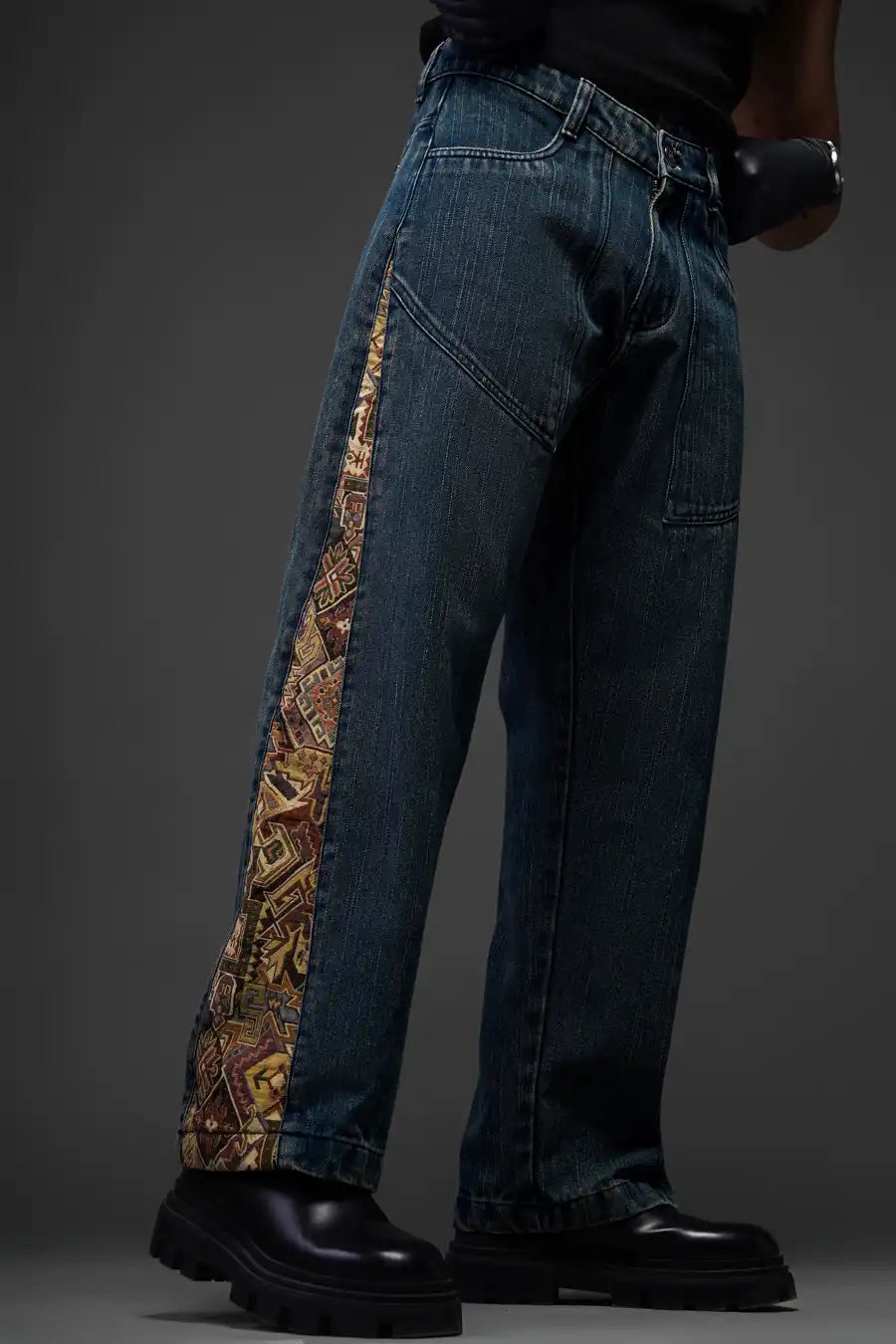 Tribal Panel Dark Wash Denim Jeans – Relaxed Fit Ethnic Streetwear for Men & Women