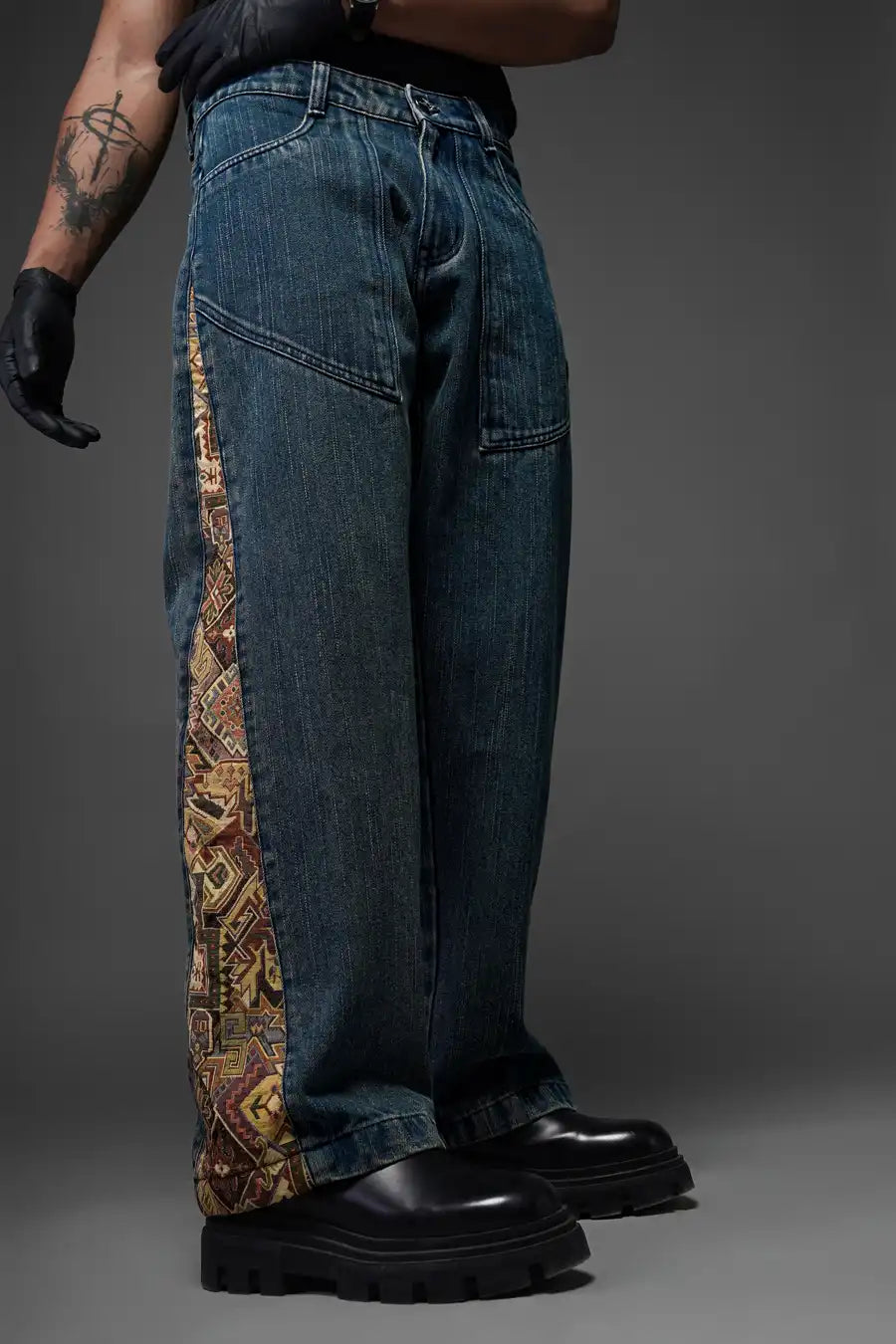 Tribal Panel Dark Wash Denim Jeans – Relaxed Fit Ethnic Streetwear for Men & Women