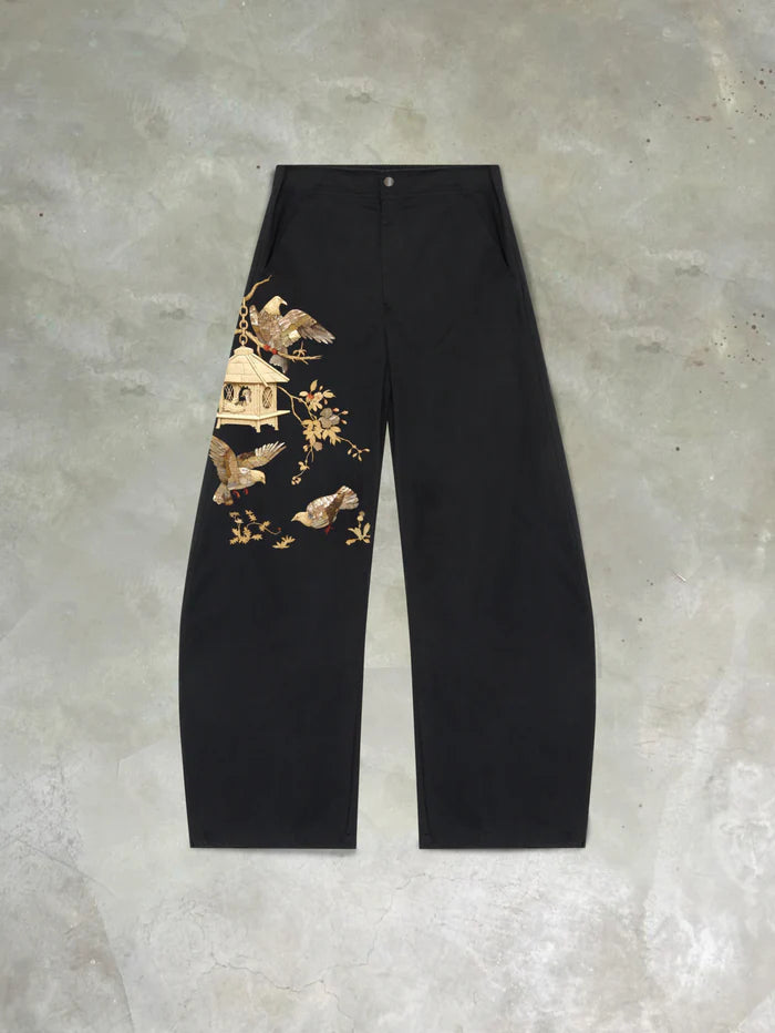 Black Wide-Leg Pants with Bird Embroidery – Relaxed Fit Artistic Trousers for Women
