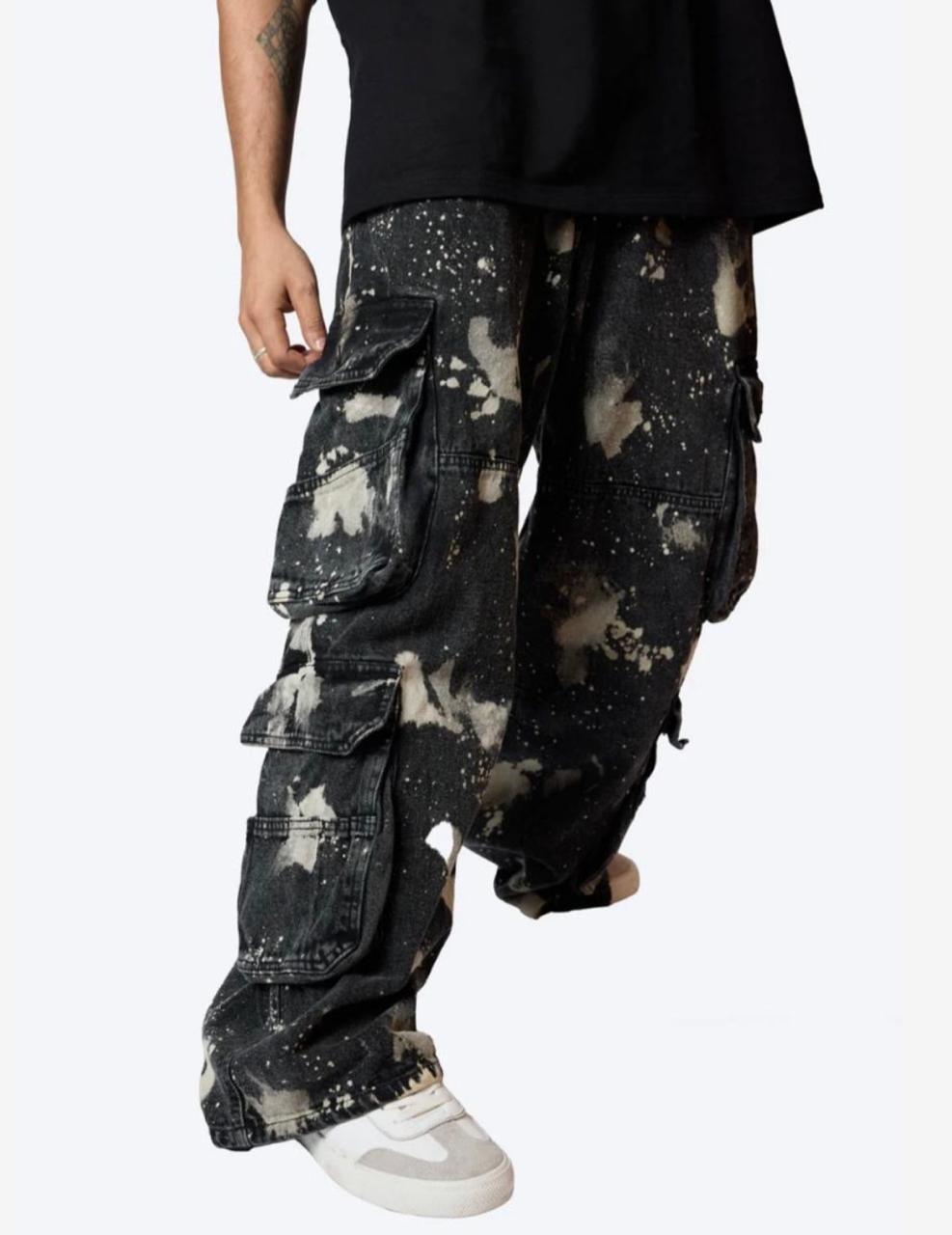 Black Splatter Cargo Jeans – Acid Wash Grunge Streetwear with Utility Pockets